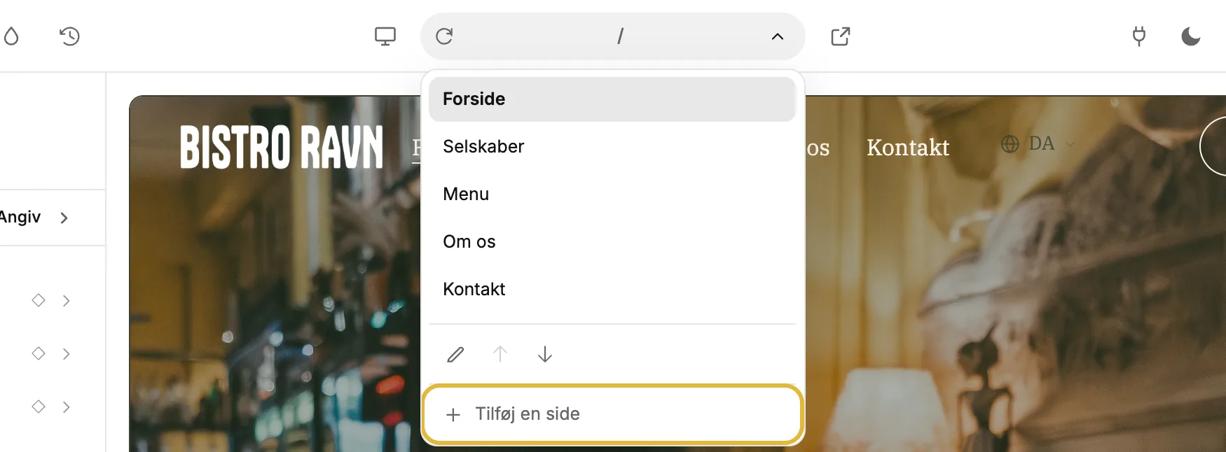 Sidelisten i editoren, foldet ud, med Tilføj en side nederst