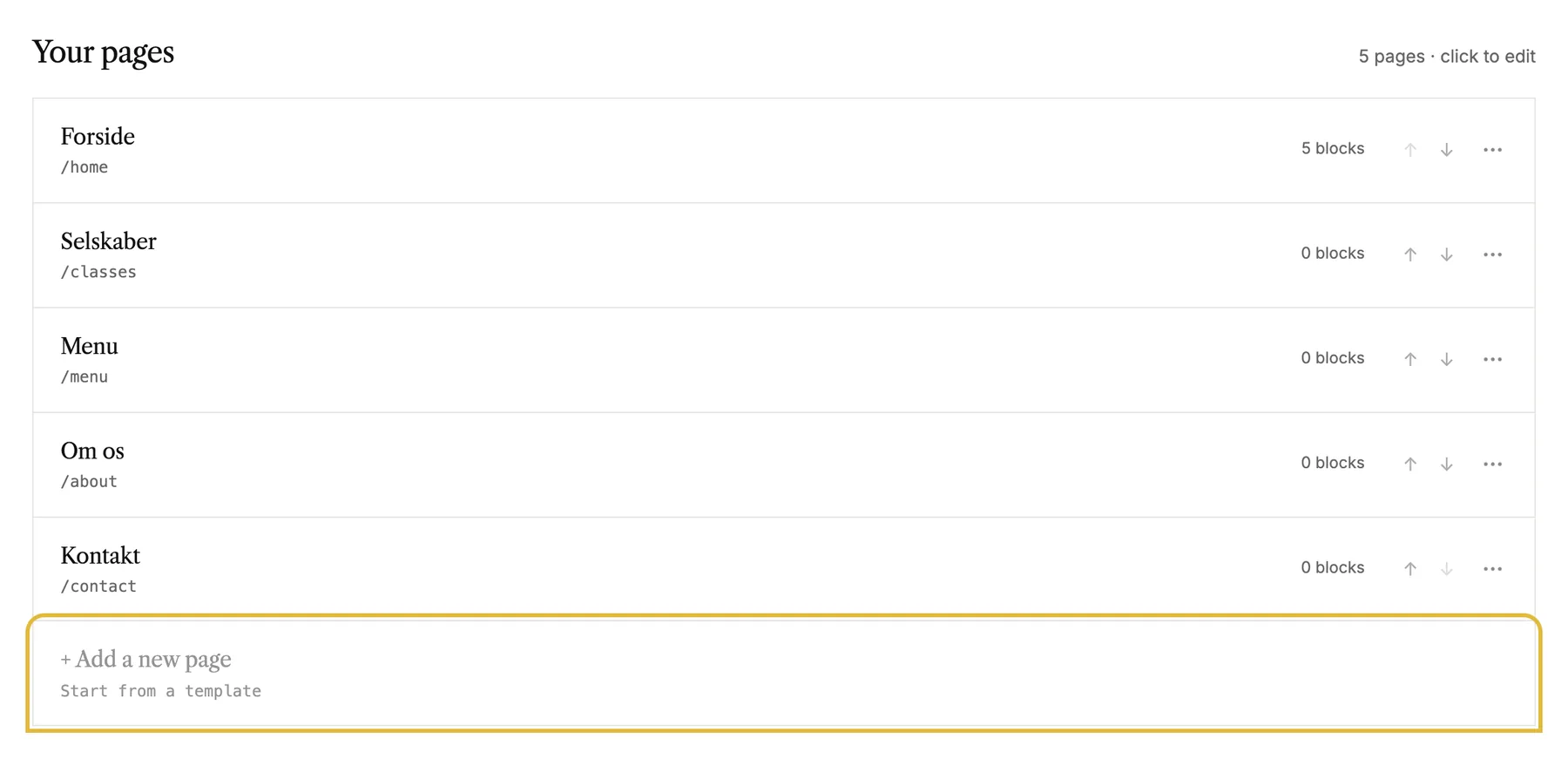 The list of pages on a site's dashboard, ending in Add a new page