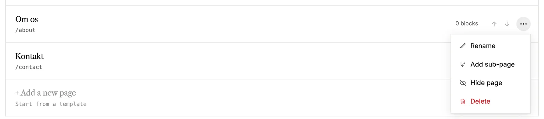 A page's menu with Rename, Add sub-page, Hide page and Delete