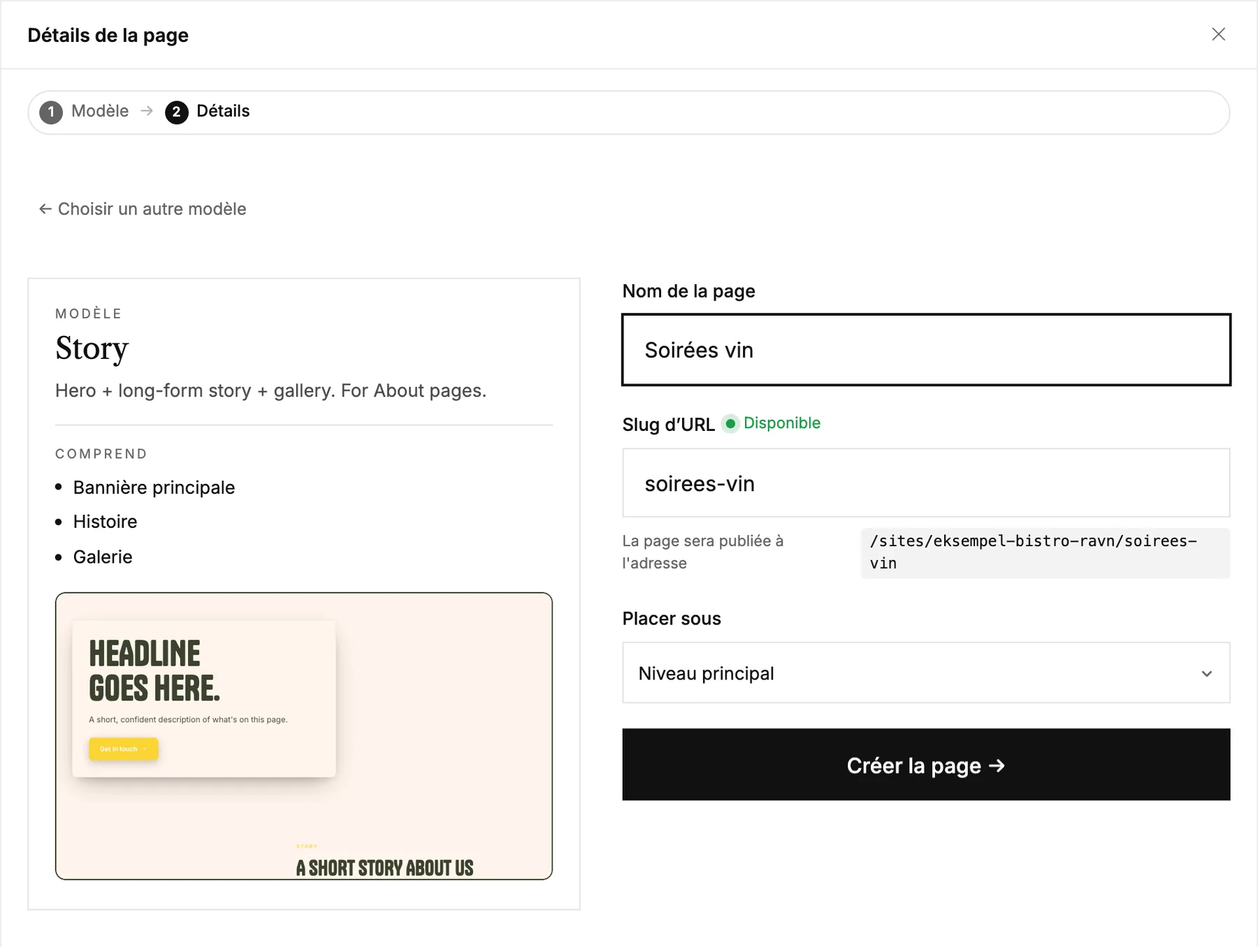 L’étape des détails de la page avec un nom de page, son adresse et le bouton Créer la page