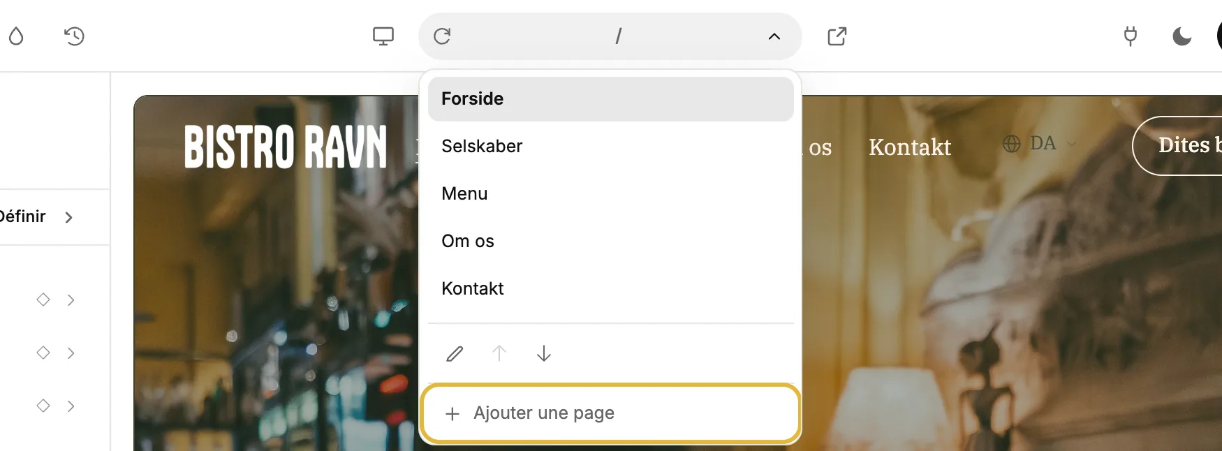 La liste des pages dans l’éditeur, ouverte, avec Ajouter une page en bas
