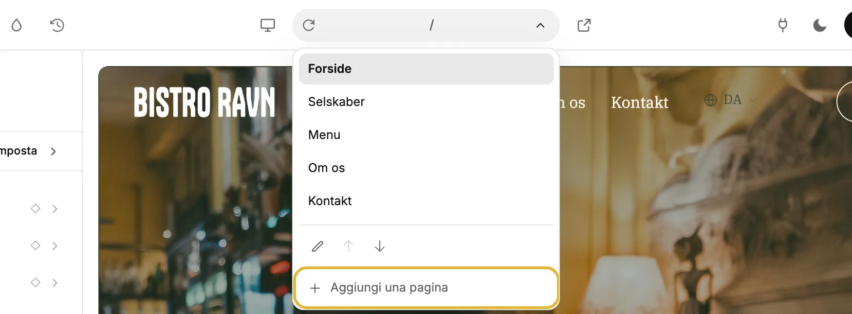 L'elenco delle pagine nell'editor, aperto, con [Aggiungi una pagina] in fondo