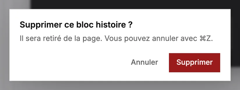 La boîte de dialogue qui demande confirmation avant la suppression d’un bloc