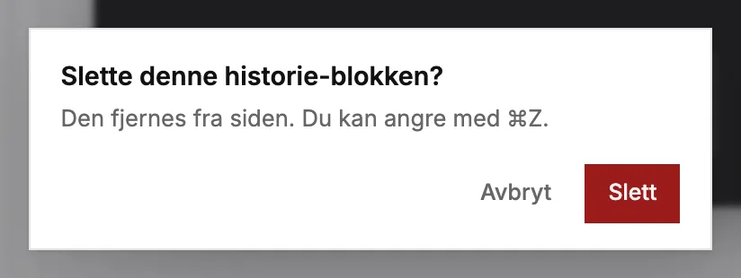 Dialogen som spør før en blokk blir slettet