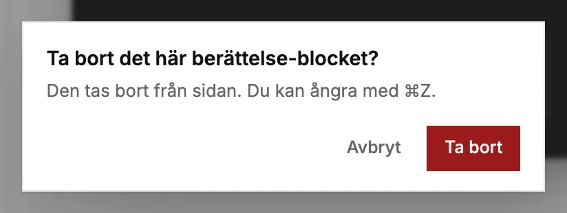Dialogrutan som frågar innan ett block tas bort