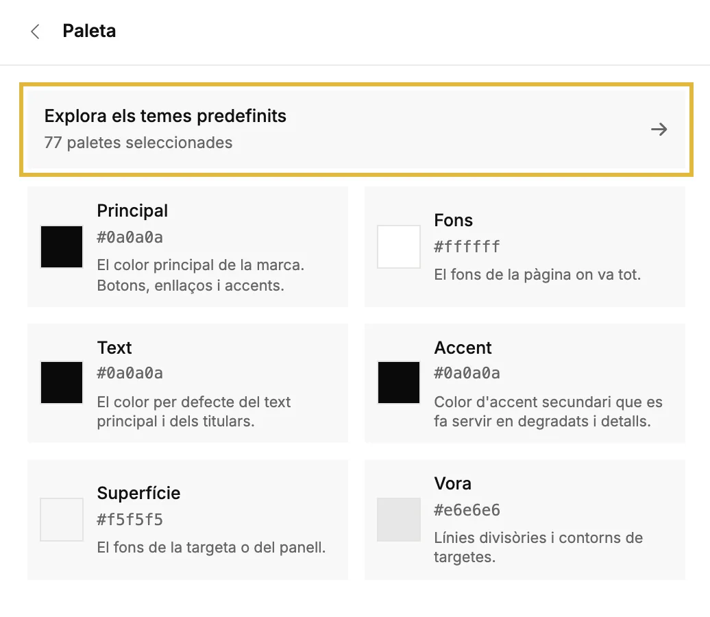 La secció Paleta amb Explora temes predefinits i els sis colors