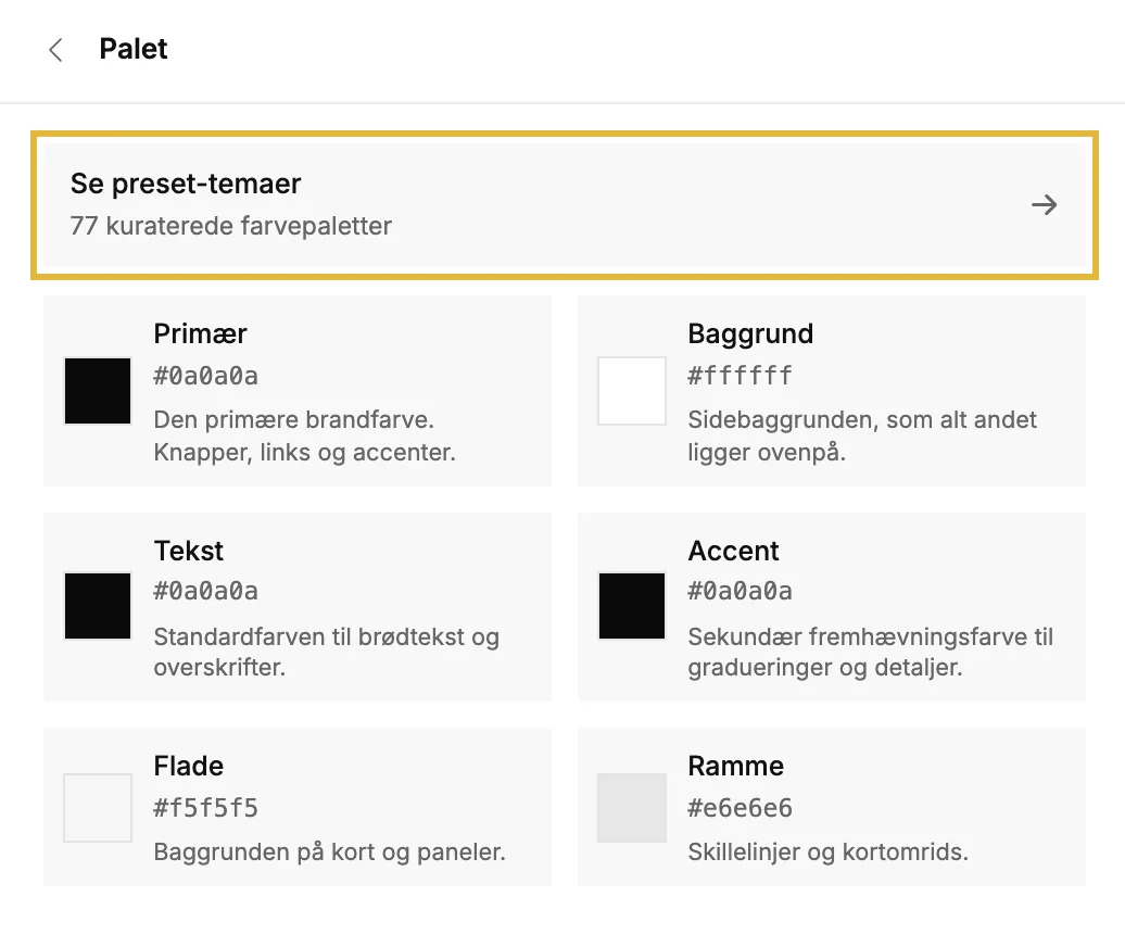 Sektionen Palet med Se preset-temaer og de seks farver
