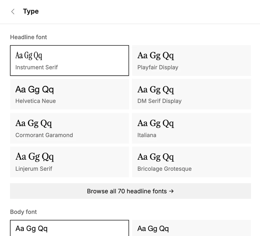The Type section with headline and body fonts