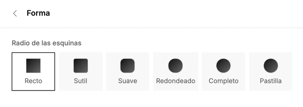 La sección Forma con estilos de esquina, de Recto a Cápsula