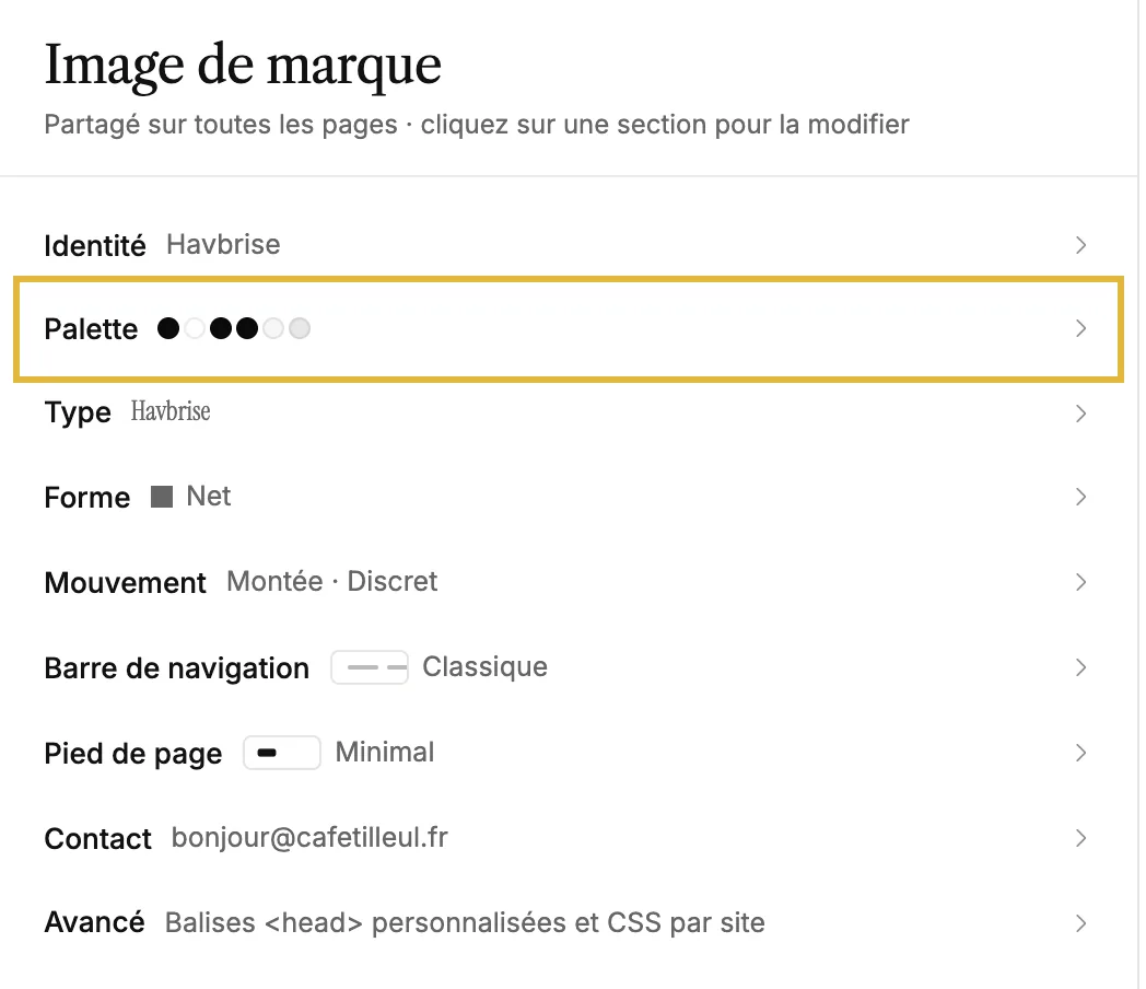 Le panneau Image de marque listant Identité, Palette, Typographie, Forme et plus encore