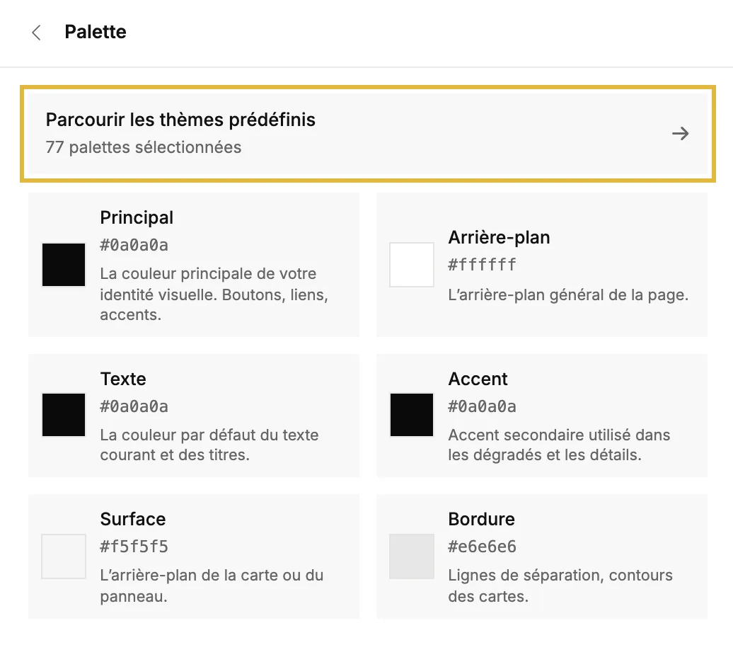 La section Palette avec Parcourir les thèmes prédéfinis et les six couleurs