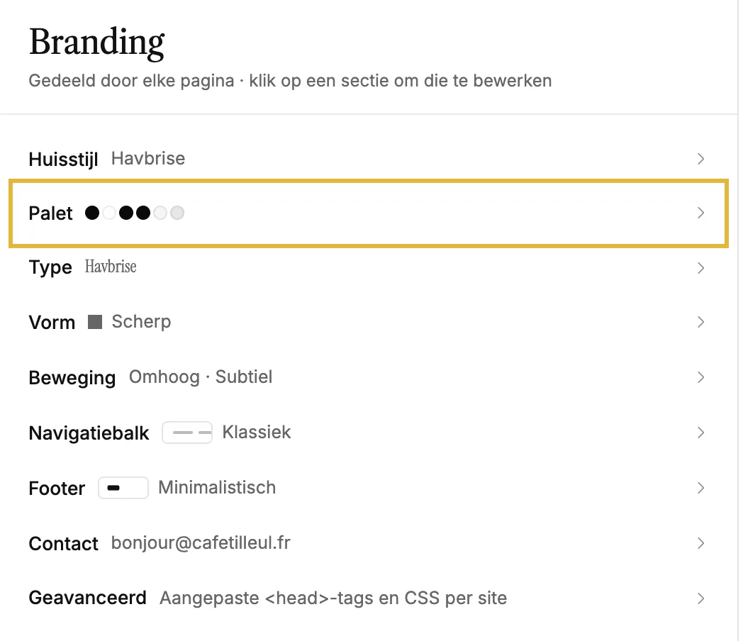 Het paneel Branding met Identiteit, Palet, Type, Vorm en meer