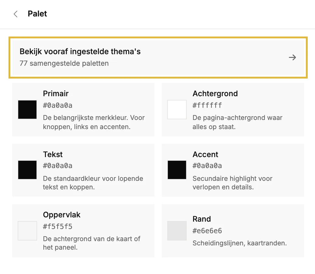 De sectie Palet met Vooraf ingestelde thema's bekijken en de zes kleuren