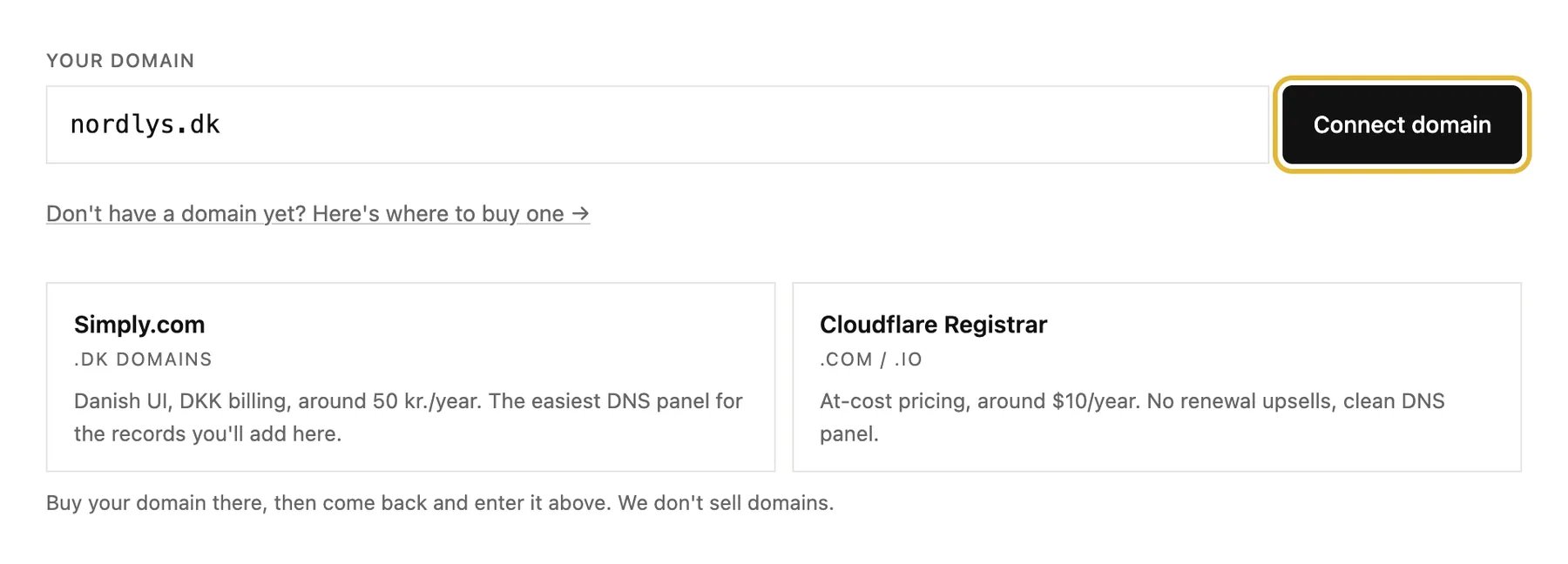 The domain field with Connect domain, and two places to buy a domain