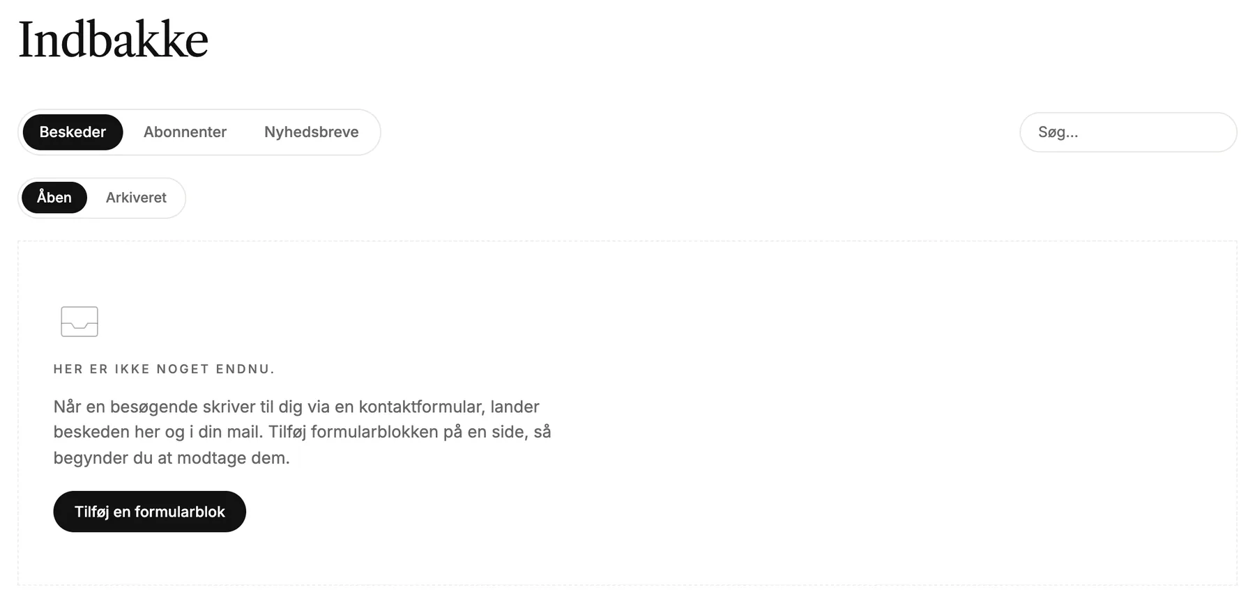Indbakken med fanerne Beskeder, Abonnenter og Nyhedsbreve