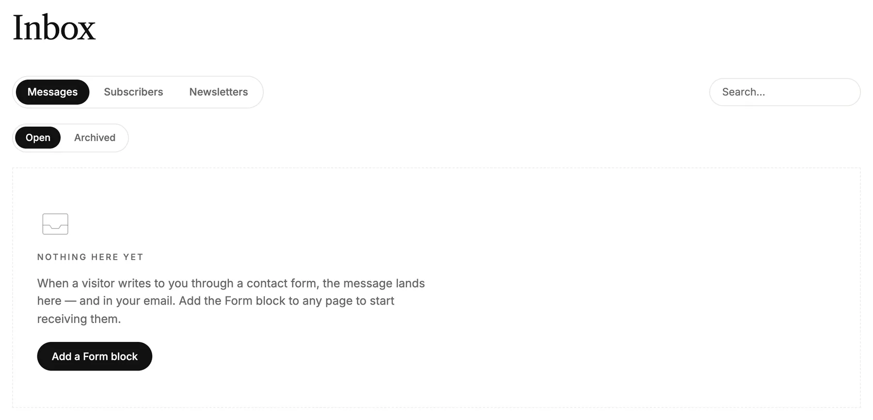 The inbox with the Messages, Subscribers and Newsletters tabs
