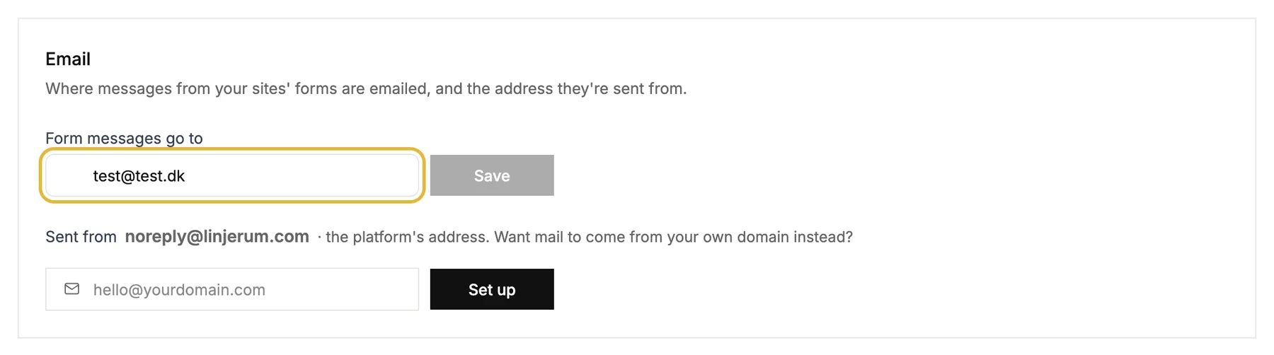 The Email settings with the address form messages go to