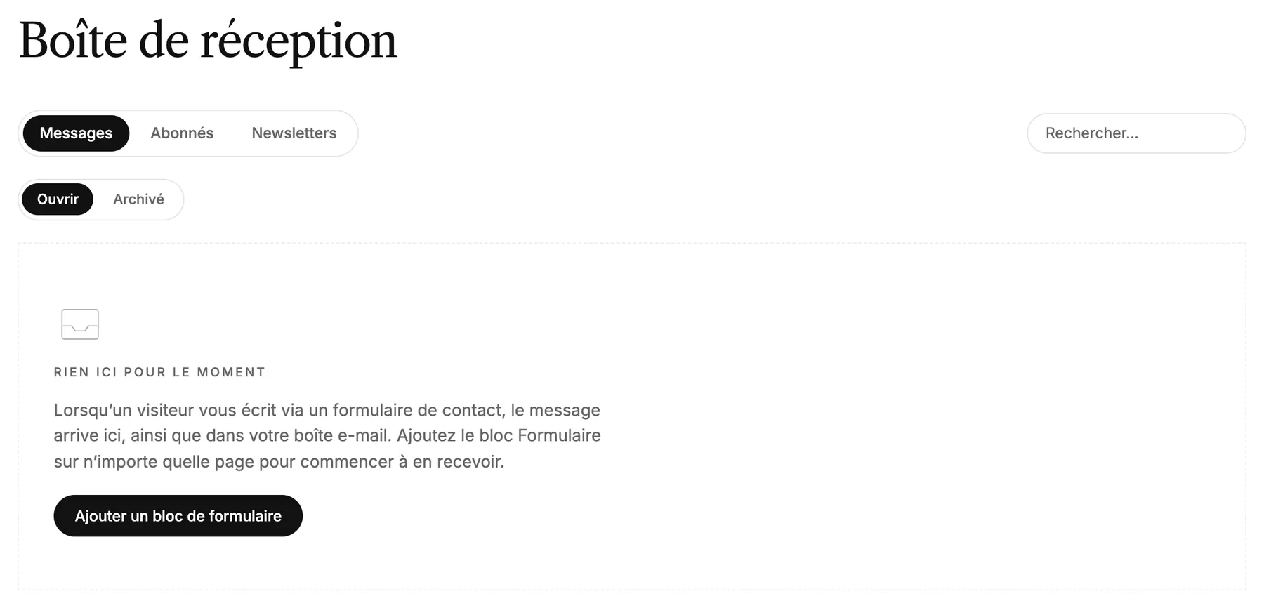 La boîte de réception avec les onglets [Messages], [Abonnés] et [Newsletters]
