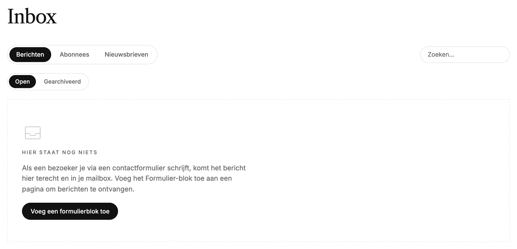 De inbox met de tabbladen Berichten, Abonnees en Nieuwsbrieven