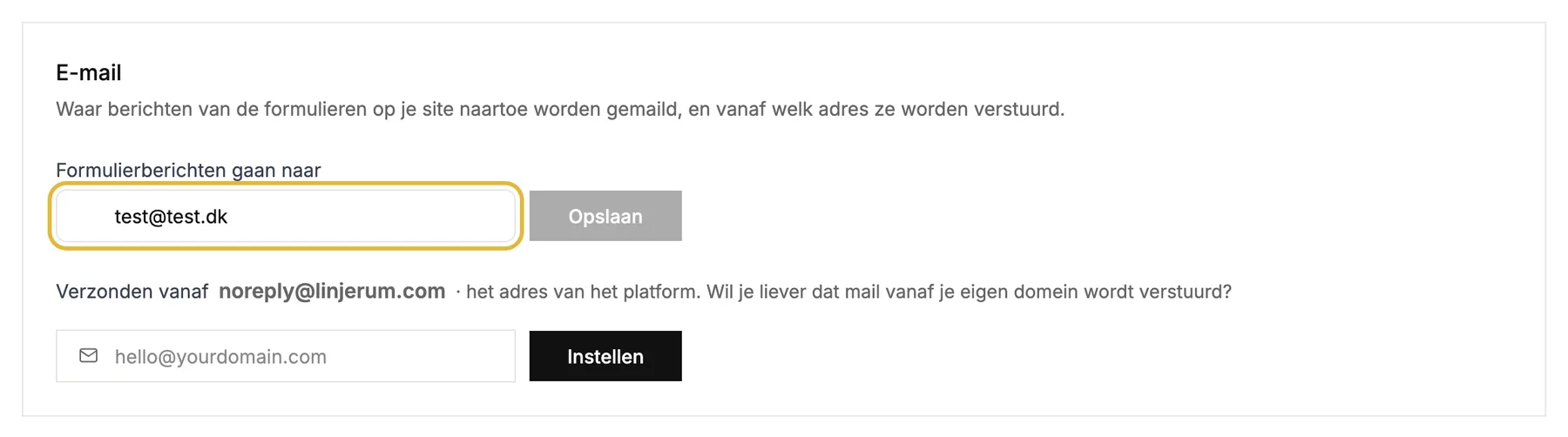 De e-mailinstellingen met het adres waar formulierberichten naartoe gaan