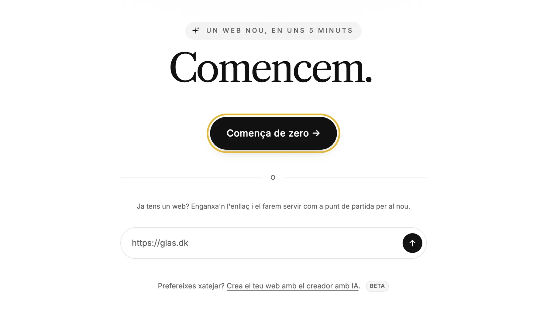 La primera pantalla de configuració amb [Start fresh], un quadre per a un lloc web existent i un enllaç al creador amb IA