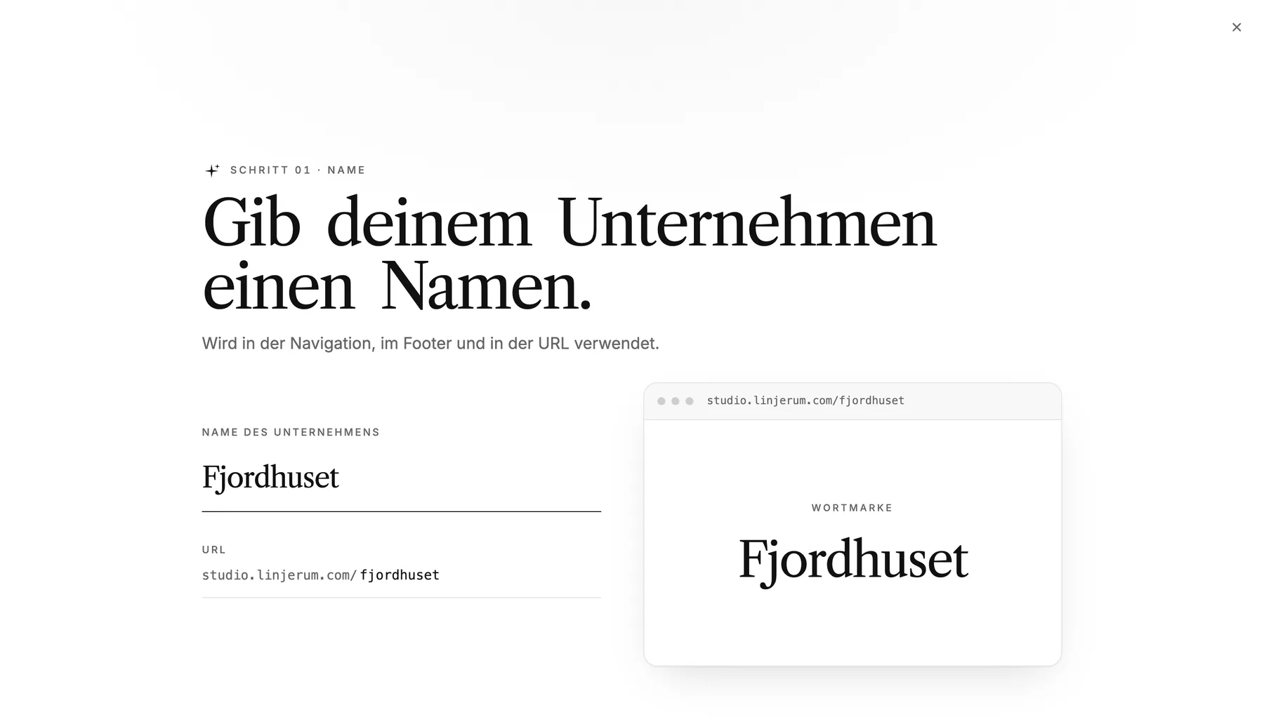 Der Schritt „Name deines Unternehmens“ mit eingetragenem Unternehmensnamen