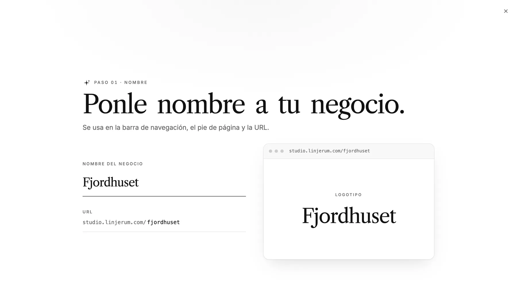 El paso Nombre de tu negocio con el nombre ya rellenado