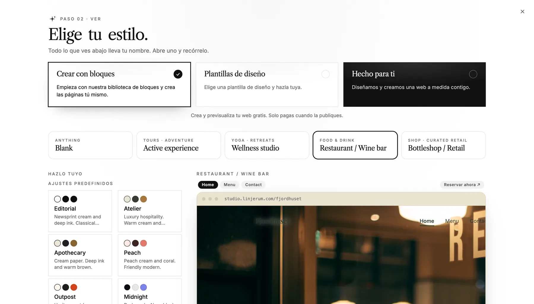 El paso Elige tu estilo con Crear con bloques, Plantillas de diseño y Hecho para ti
