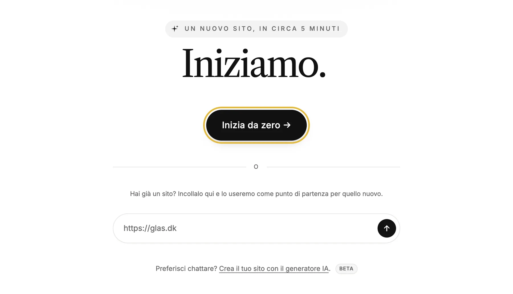 La prima schermata della configurazione con [Inizia da zero], un riquadro per un sito esistente e un link al builder AI