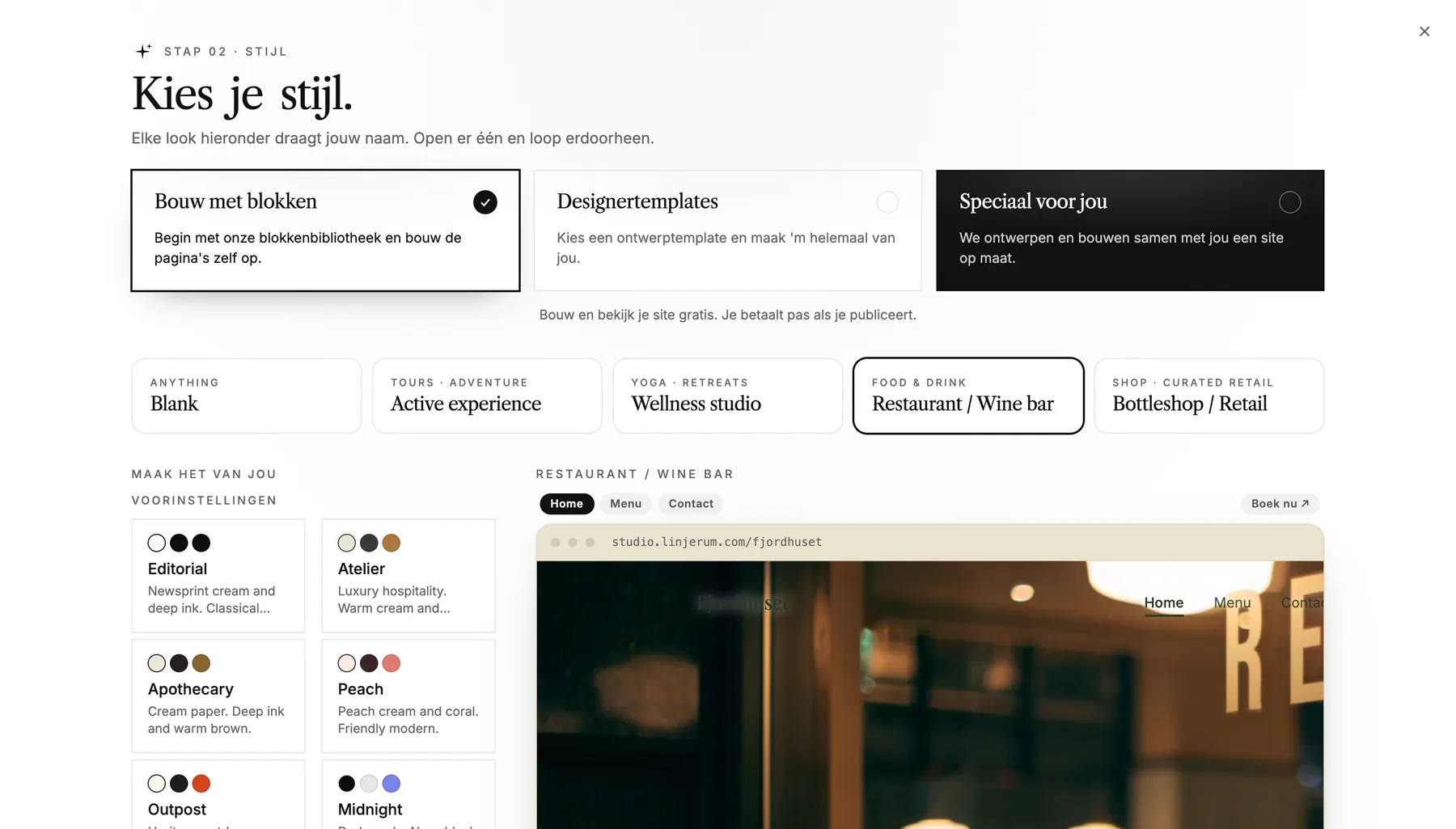 De stap Kies je stijl, met Zelf opbouwen met blokken, Designer-templates en Op maat voor jou