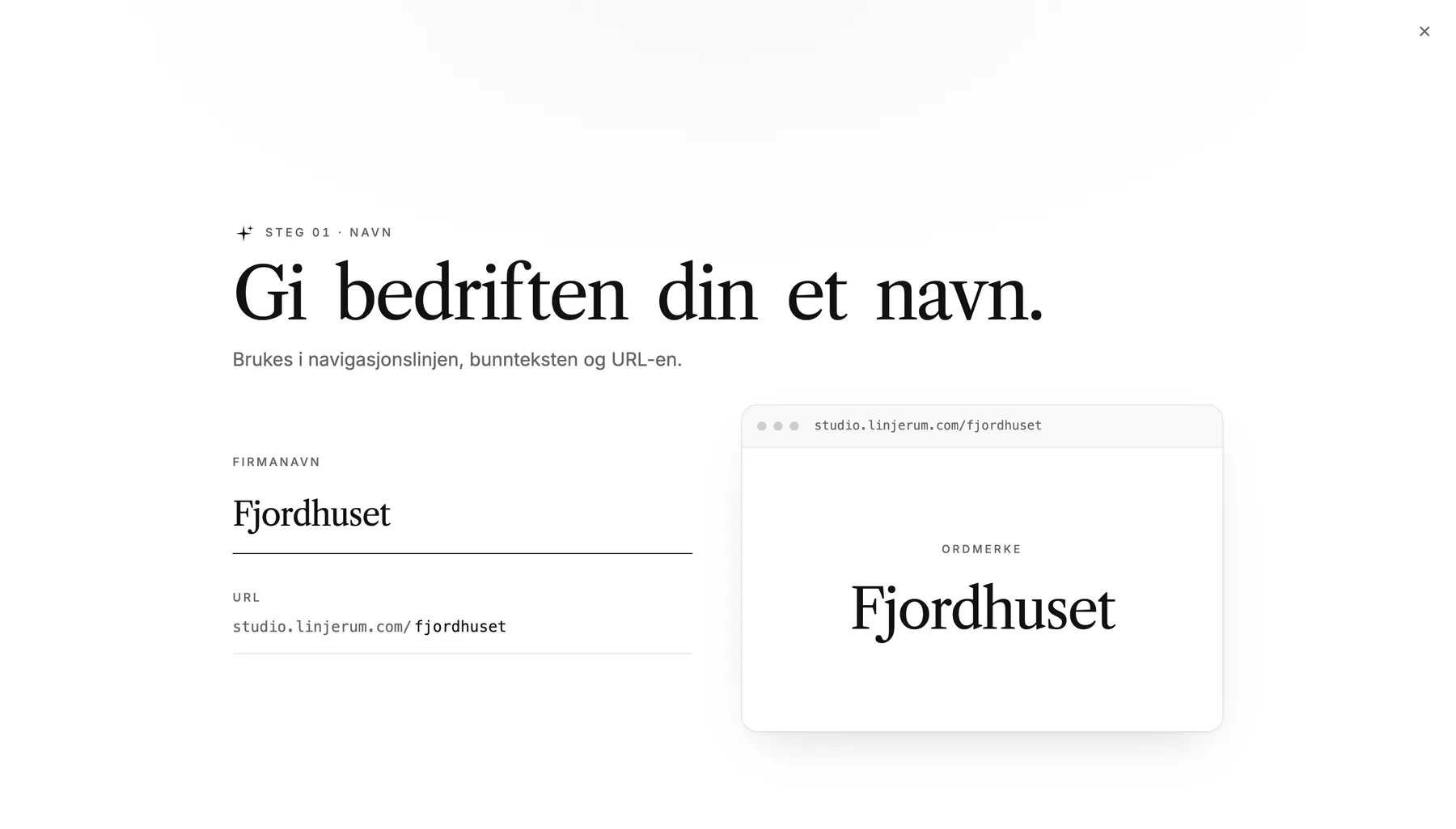 Steget Gi bedriften din et navn, med et utfylt bedriftsnavn
