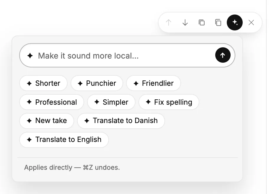 The AI assist menu on a block, with quick actions and a box to ask in