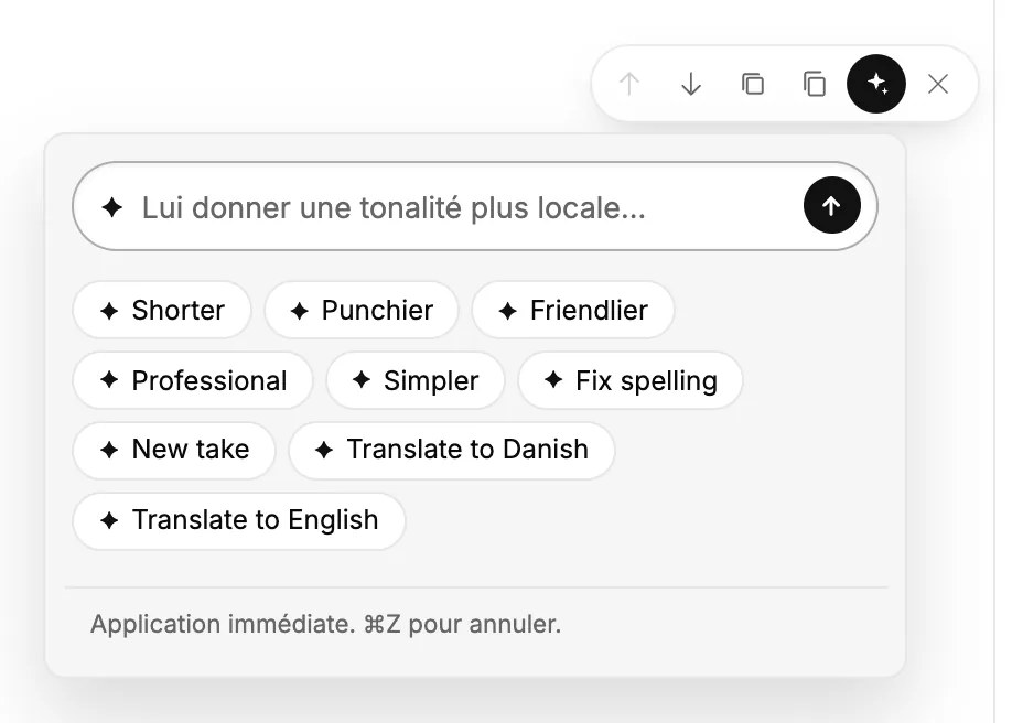 Le menu d’assistance IA sur un bloc, avec des actions rapides et un champ pour écrire votre demande