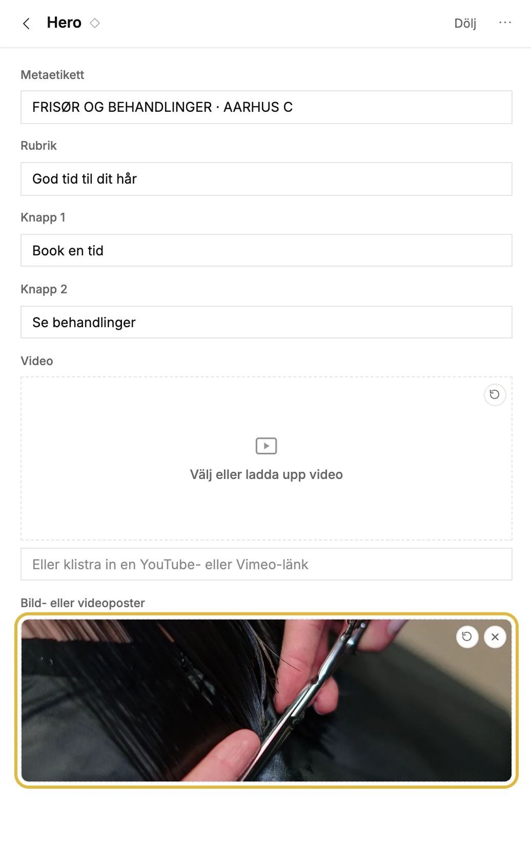 Ett blocks fält i panelen till vänster, med text och bild