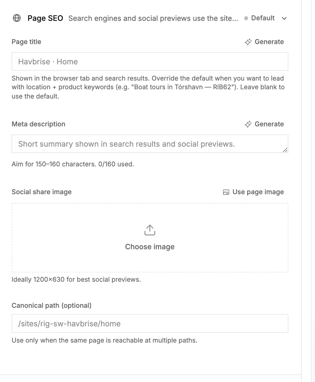 The Page SEO section with page title, meta description and share image