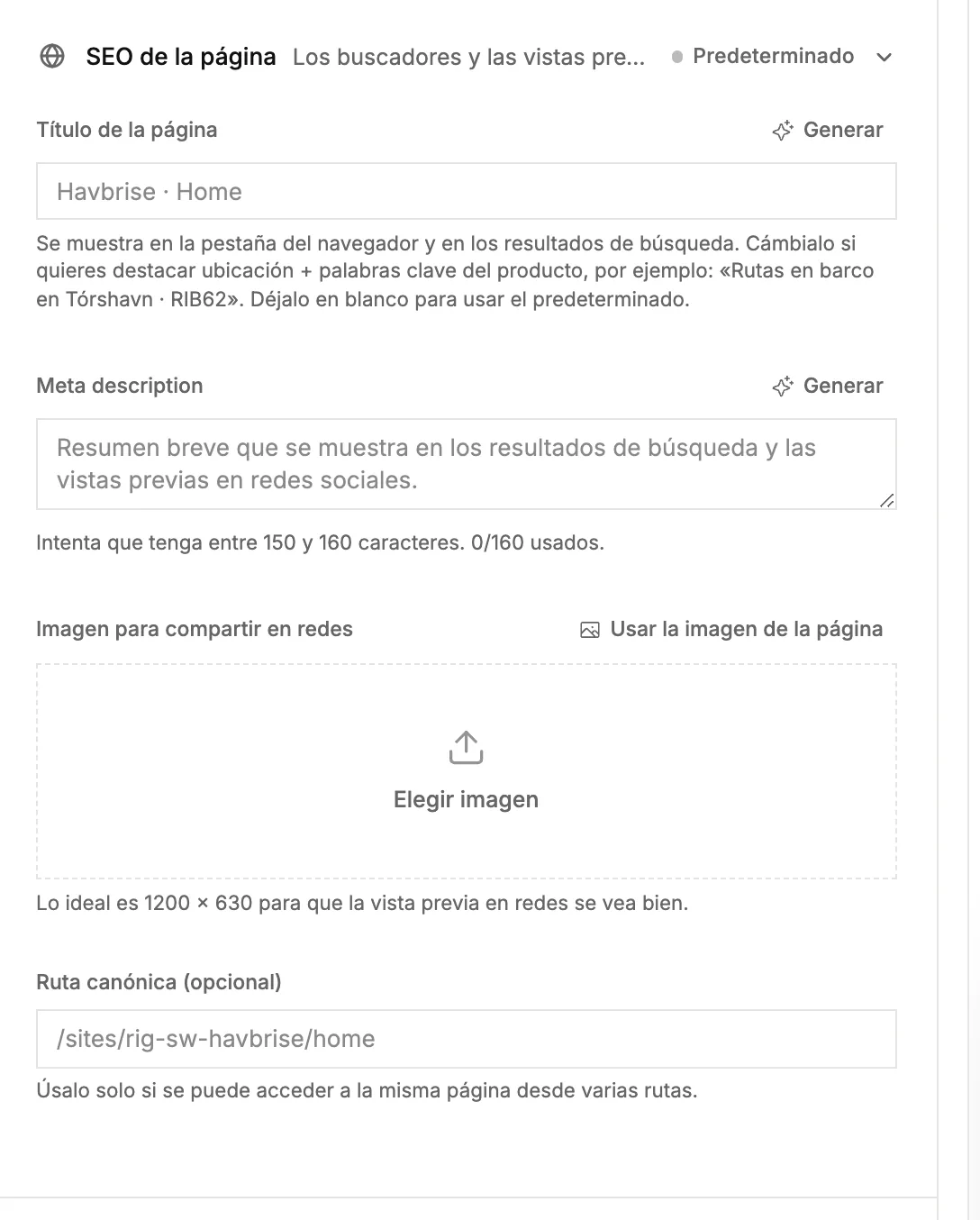 La sección de SEO de la página, con título, meta description e imagen para compartir