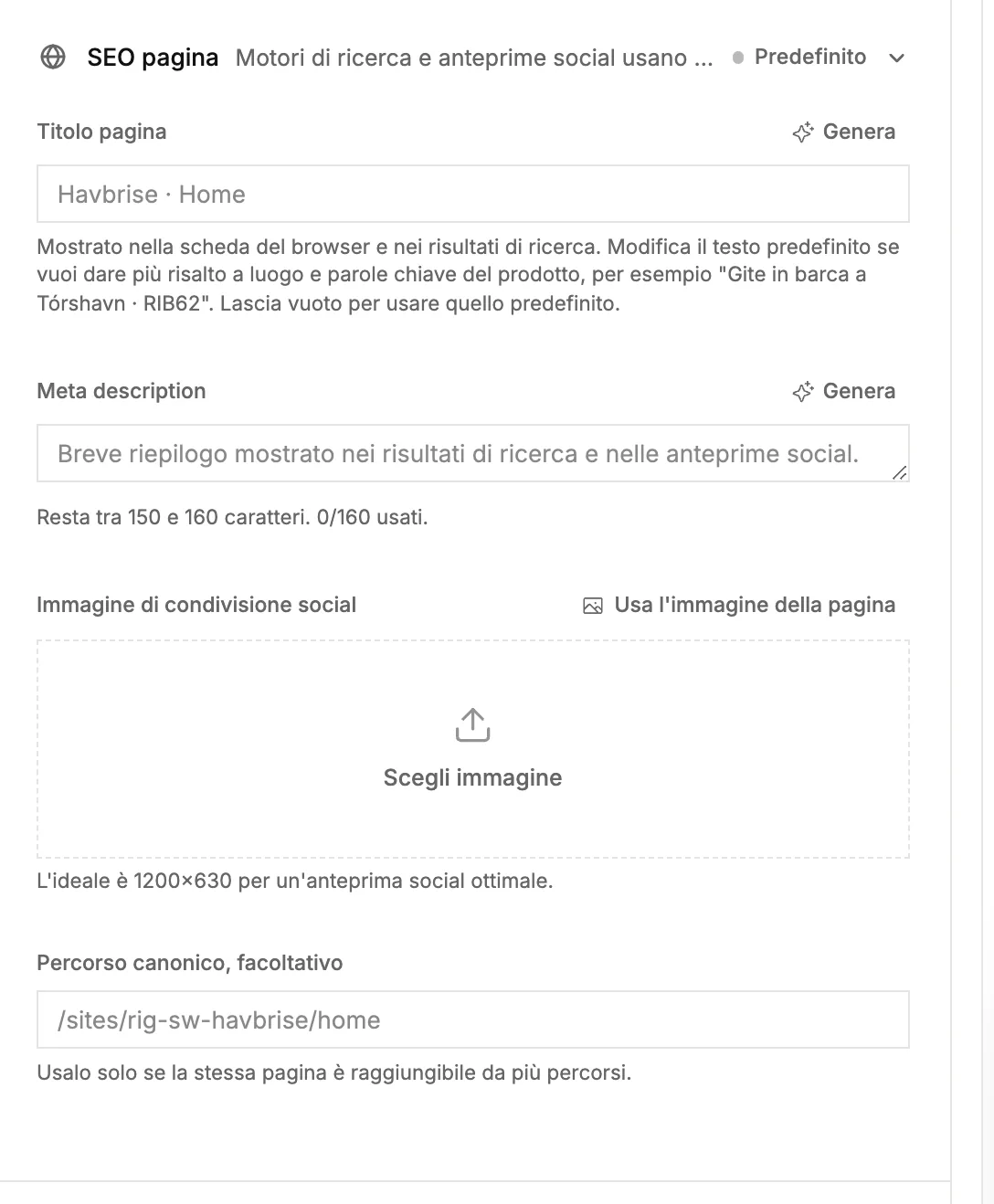 La sezione SEO della pagina con titolo pagina, meta description e immagine di condivisione