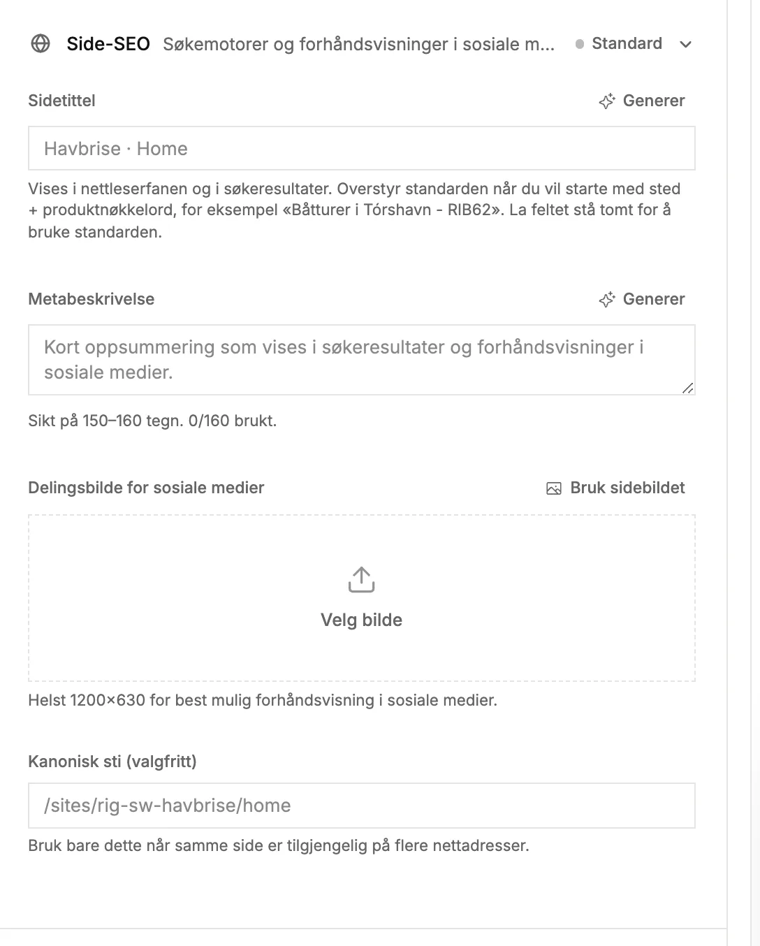 Seksjonen [Page SEO] med sidetittel, metabeskrivelse og delingsbilde