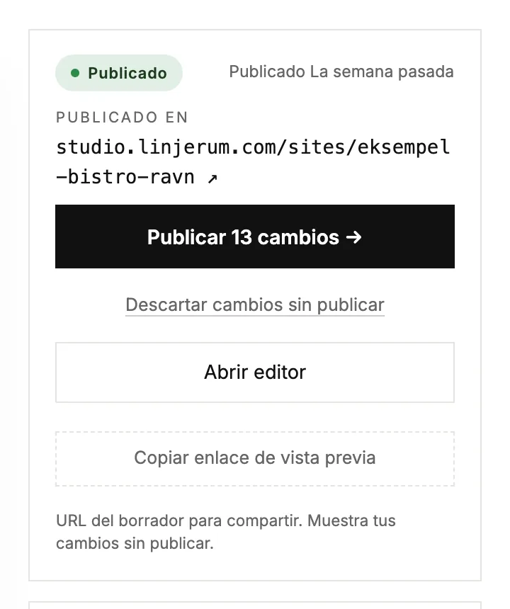 El cuadro de estado de una web activa con cambios sin publicar y un enlace [Descartar]