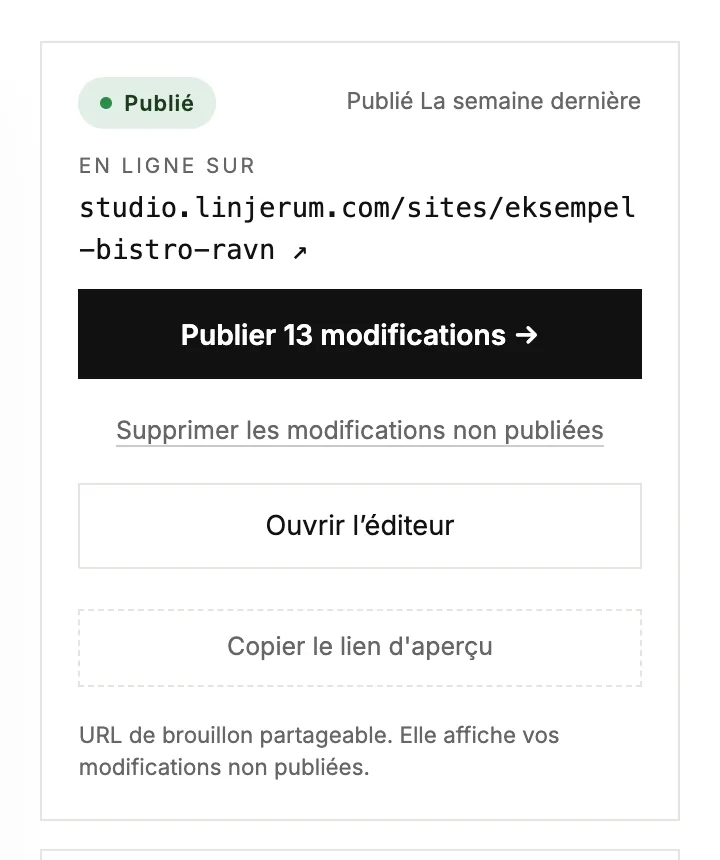 L’encadré d’état d’un site en ligne avec des modifications non publiées et un lien Ignorer