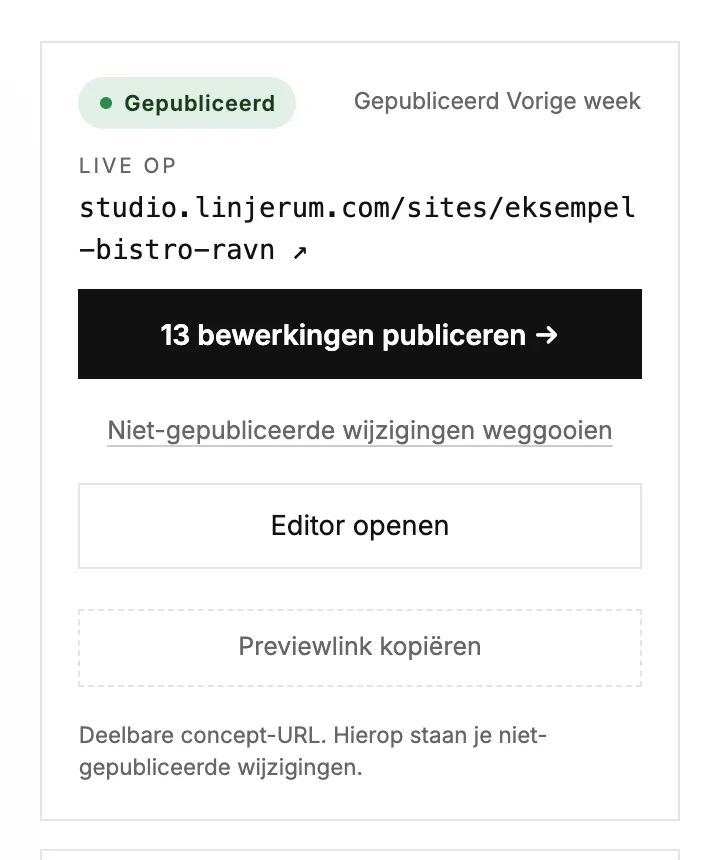 Het statusvak van een live site met niet-gepubliceerde wijzigingen en een link [Discard]