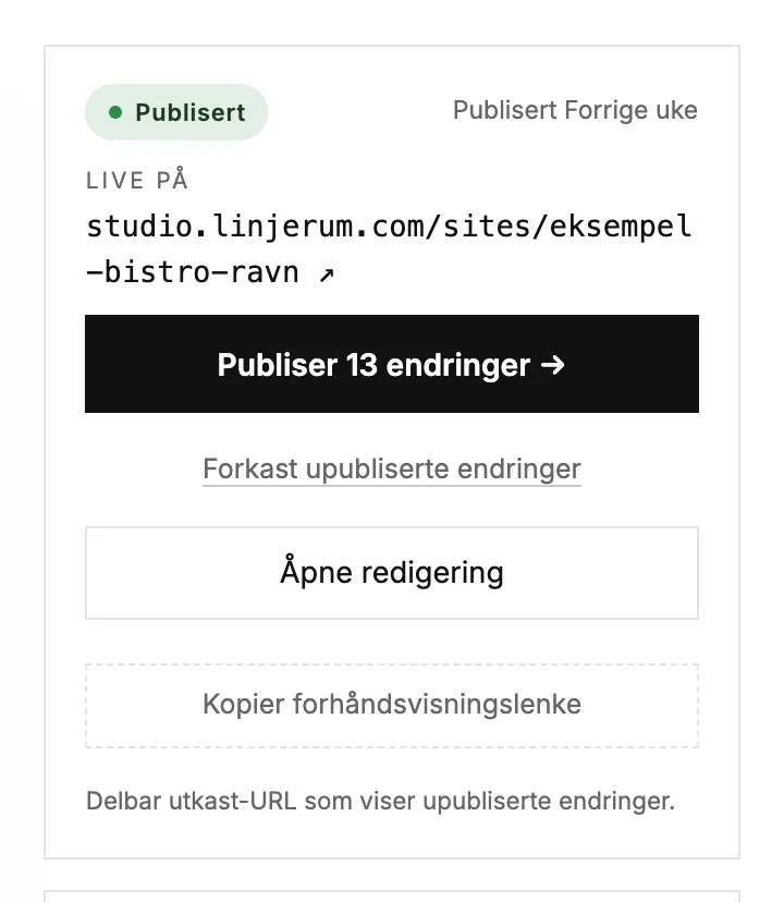 Statusboksen for et publisert nettsted med upubliserte endringer og en Discard-lenke