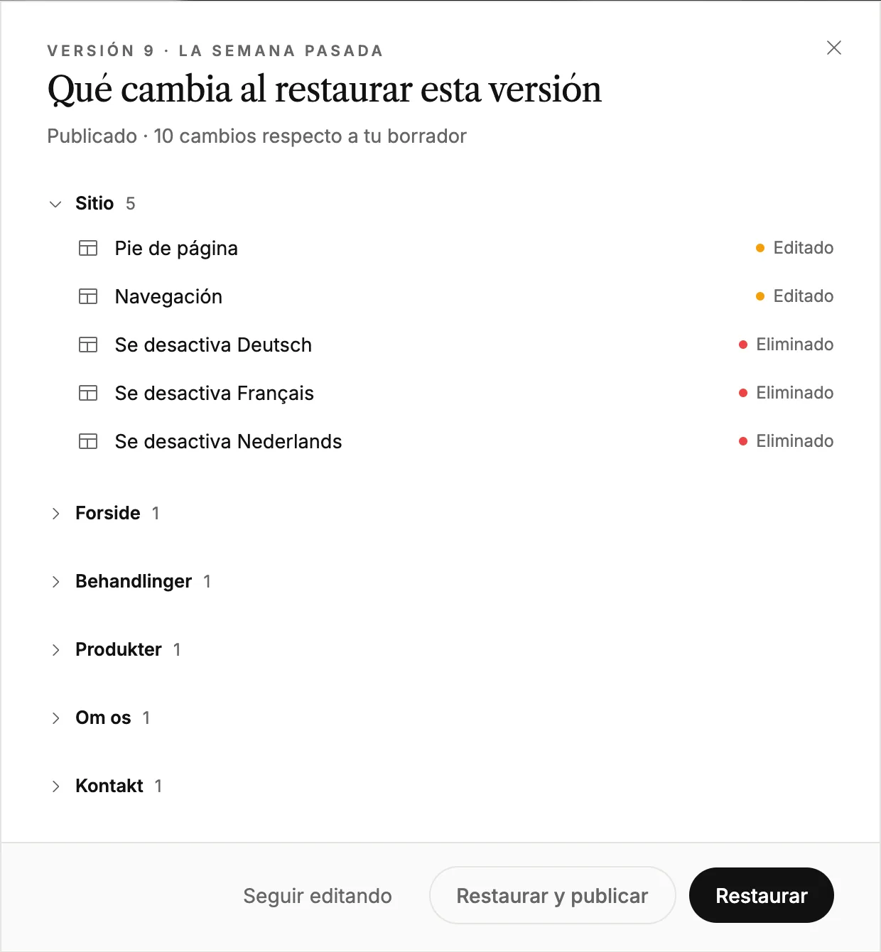 La vista previa de lo que cambia al restaurar una versión, con [Restaurar] y [Restaurar y publicar]