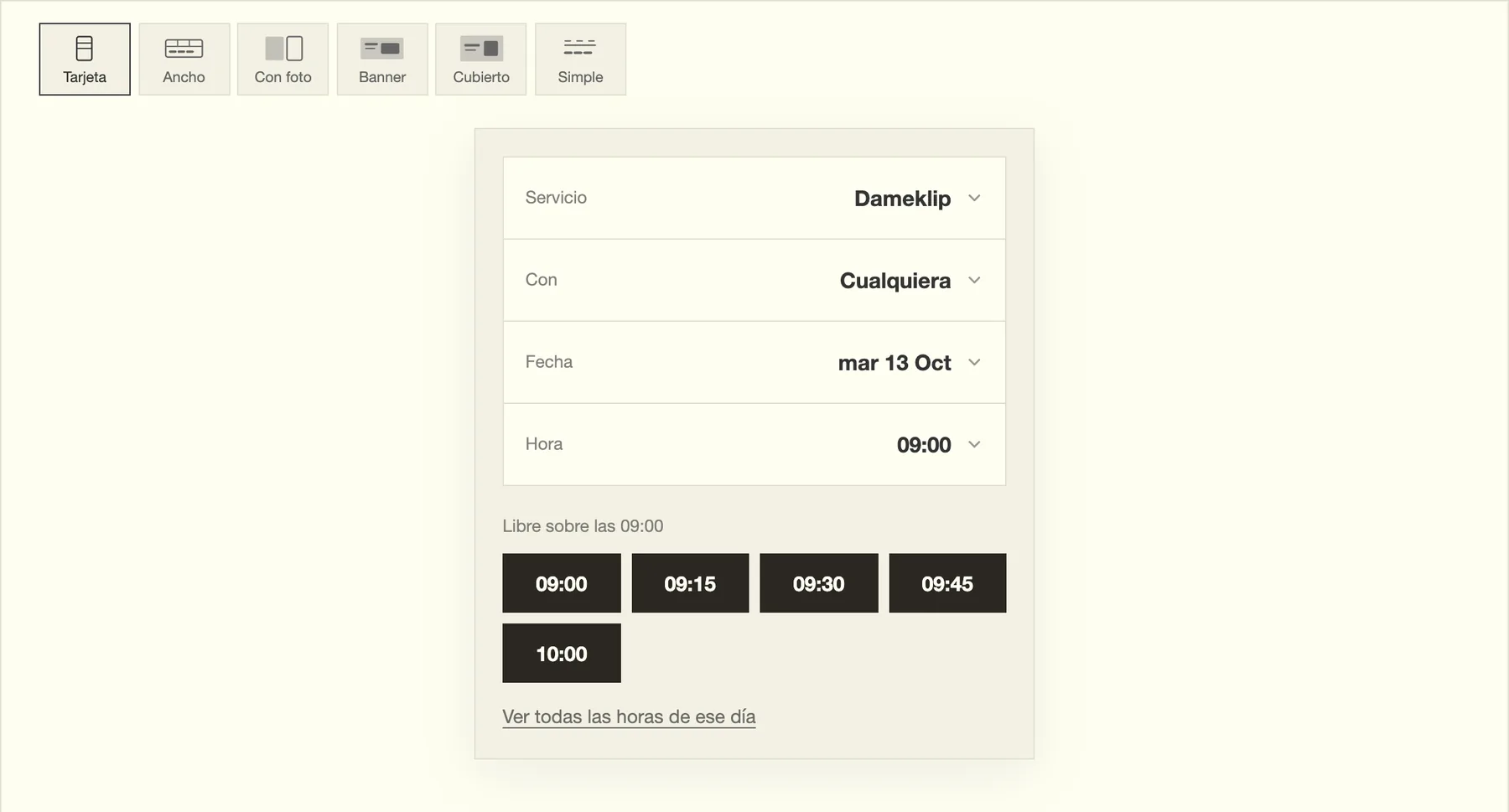 El widget de reservas tal como lo ven tus visitantes, con horas disponibles