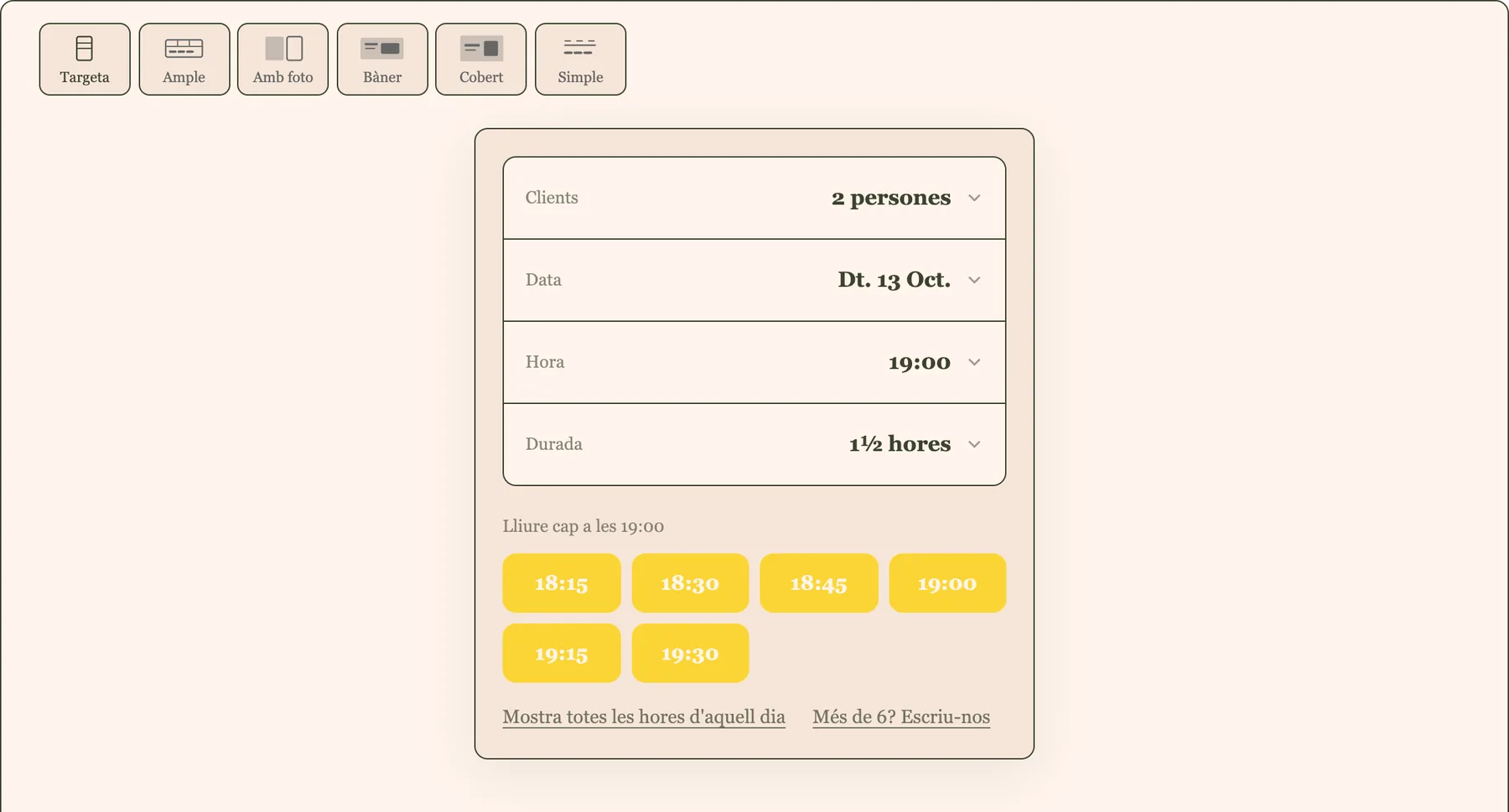 La reserva de taula tal com la veuen els clients: comensals, data, hora i franges lliures