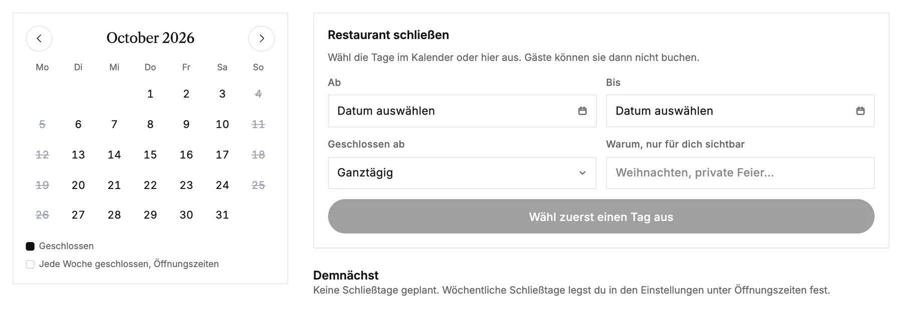 Der Kalender für Schließtage, mit einem Formular, um das Restaurant an bestimmten Tagen zu schließen