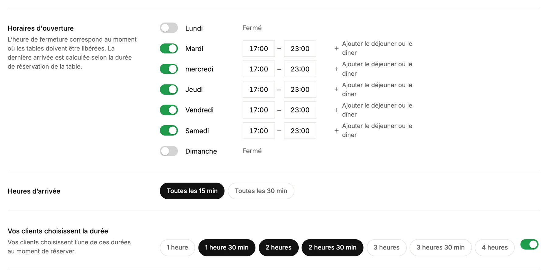 Horaires d'ouverture par jour, heures d'arrivée et durée de réservation d'une table