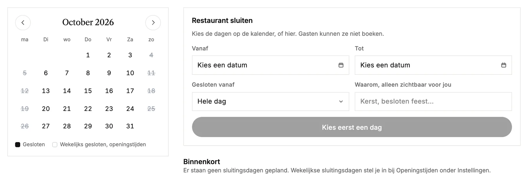 De kalender met sluitingsdagen, met een formulier om het restaurant op bepaalde dagen te sluiten