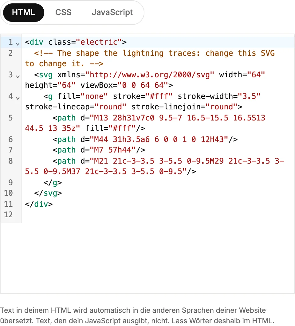 Das Codefenster mit den Tabs HTML, CSS und JavaScript