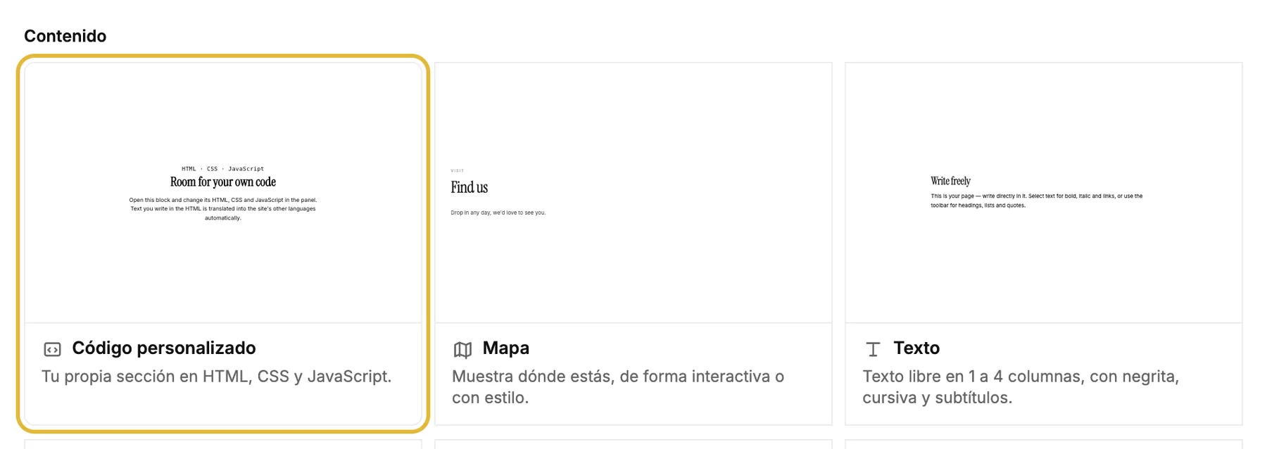 La tarjeta Código personalizado en la ventana Añadir un bloque